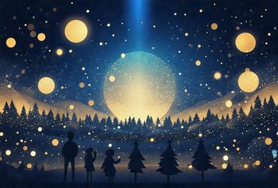 The primary subject of the image is a family standing in front of a beautiful night sky. The setting is a snowy landscape, with a group of pine trees in the foreground. The visual style is a combination of a photo and digital art, creating a captivating and serene atmosphere. The colors and mood are predominantly dark and cold, with the family standing out against the night sky and the snowy landscape.